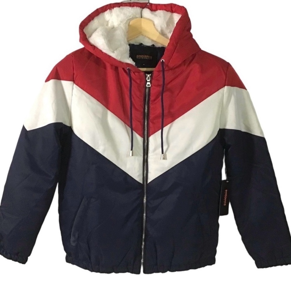 NWT Ambiance puffer jacket, size M Red, White, and Blue Hooded Jacket